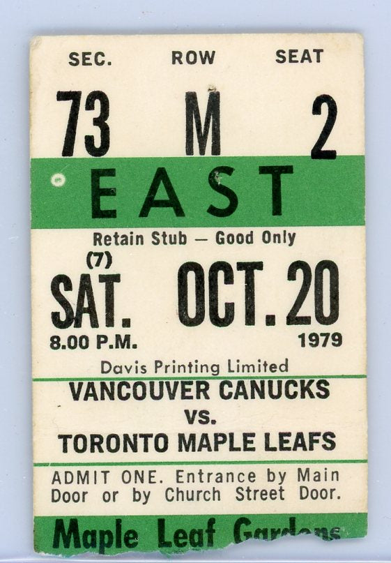 Vancouver Canucks vs. Maple Leafs Vintage Ticket Maple Leaf Gardens (Toronto, 1979)