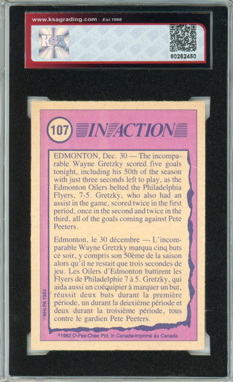 1982/83 OPC O-Pee-Chee Wayne Gretzky In Action Graded Hockey Card #107 KSA 7.5