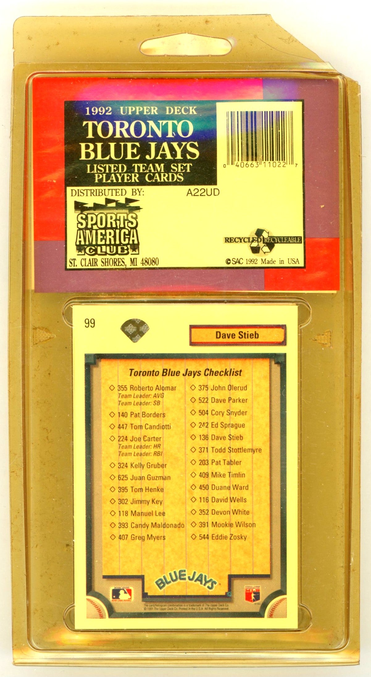 1992 Sports America Club Upper Deck Toronto Blue Jays Baseball Card Complete Team Set (30 Cards)