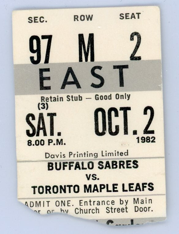Buffalo Sabres vs. Maple Leafs Vintage Ticket Maple Leaf Gardens (Toronto, 1982)