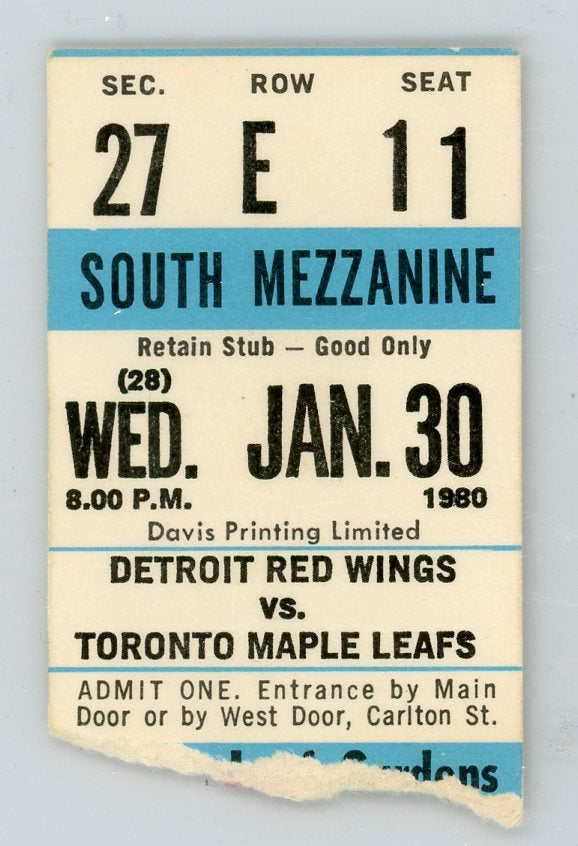 Detroit Red Wings vs. Maple Leafs Vintage Ticket Maple Leaf Gardens (Toronto, 1980)