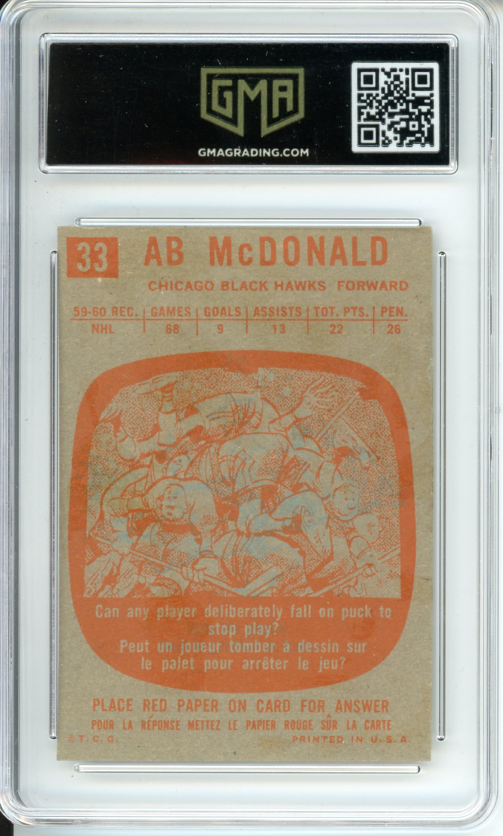 1960 Topps Ab McDonald #33 Graded Hockey Card GMA 6
