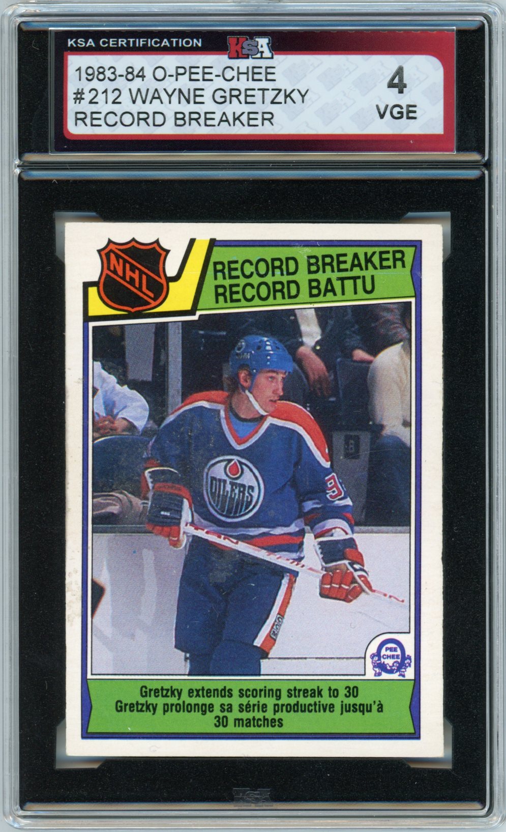 1983/84 OPC O-Pee-Chee Wayne Gretzky Record Breaker Graded Hockey Card #212 KSA 4