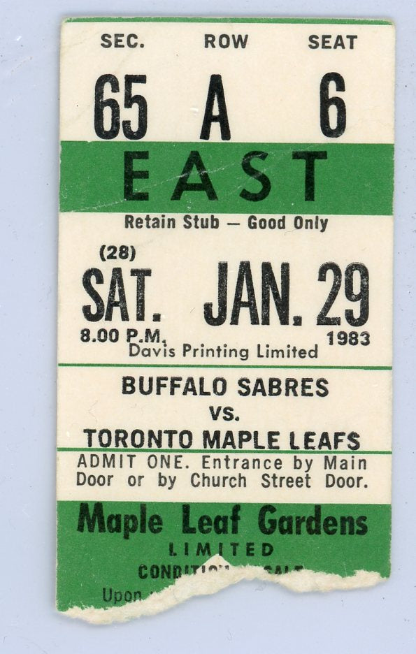 Buffalo Sabres vs. Maple Leafs Vintage Ticket Maple Leaf Gardens (Toronto, 1983)