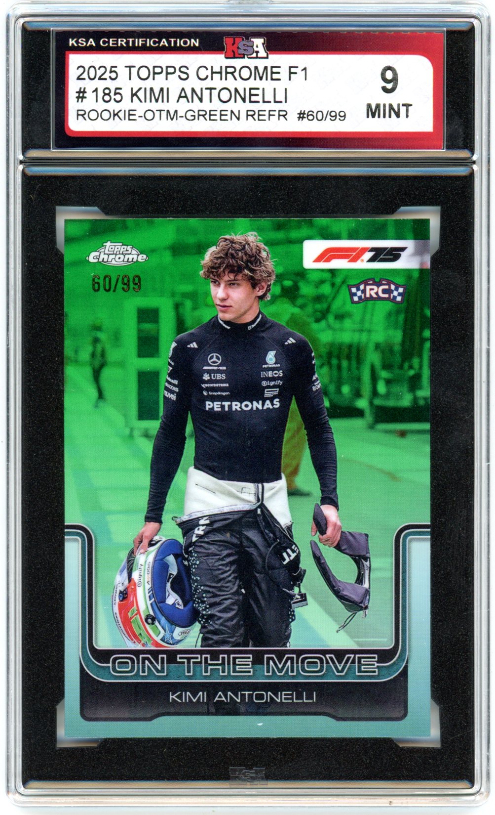 2025 Topps Chrome F1 Formula 1 Kimi Antonelli On the Move Green Refractor #185 Graded Rookie Card KSA 9