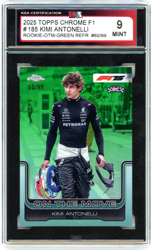 2025 Topps Chrome F1 Formula 1 Kimi Antonelli On the Move Green Refractor #185 Graded Rookie Card KSA 9