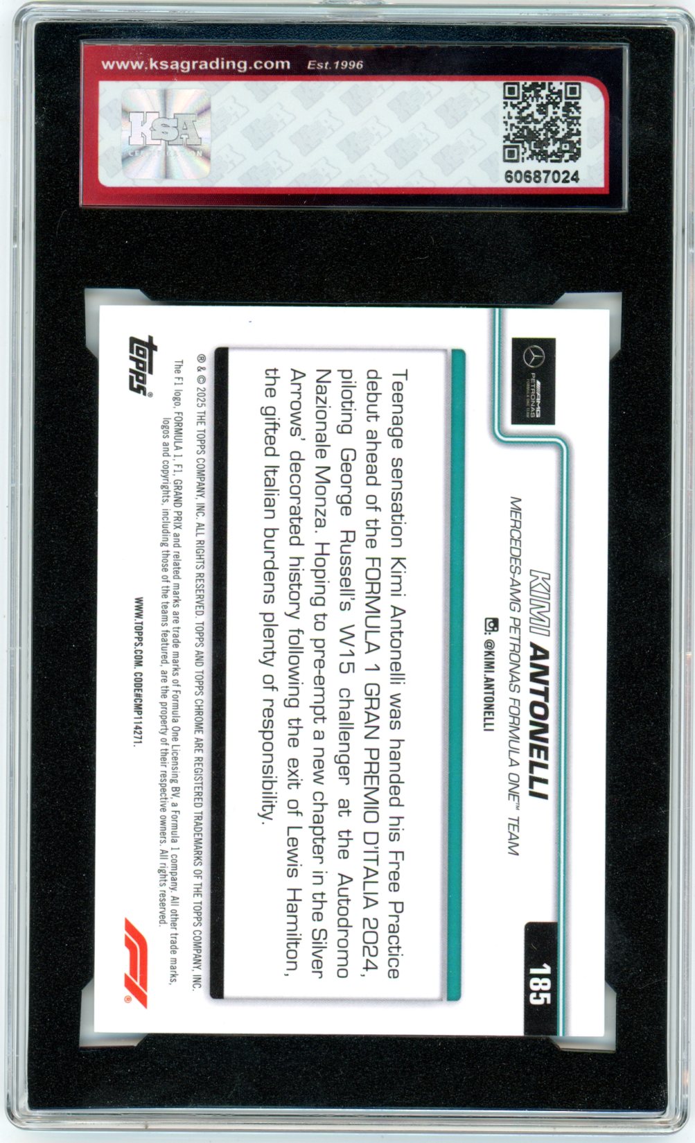 2025 Topps Chrome F1 Formula 1 Kimi Antonelli On the Move Green Refractor #185 Graded Rookie Card KSA 9