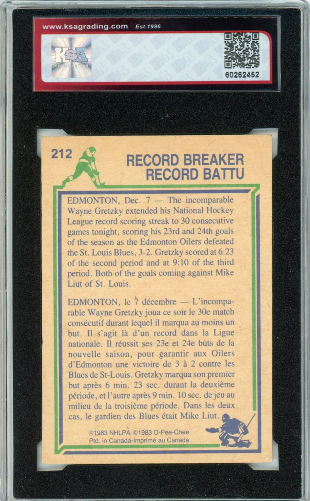 1983/84 OPC O-Pee-Chee Wayne Gretzky Record Breaker Graded Hockey Card #212 KSA 4