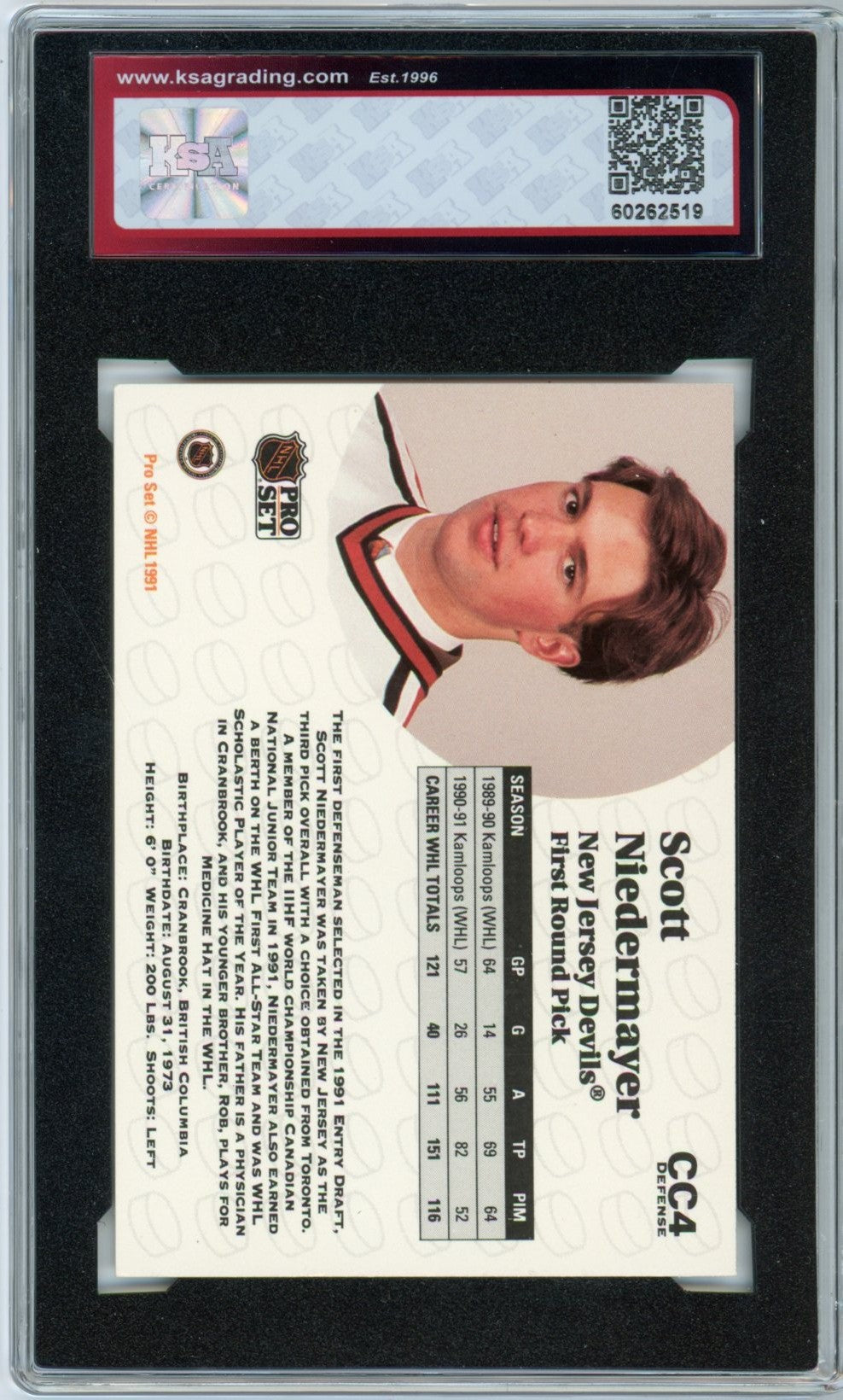 1991/92 Pro Set Scott Niedermayer Collectibles Graded Hockey Card #CC4 KSA 7