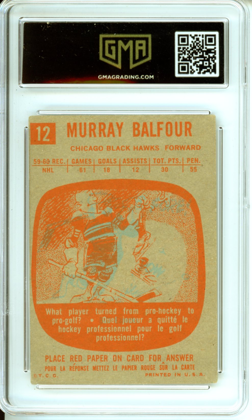 1960 Topps Murray Balfour #12 Graded Hockey Card GMA 4.5