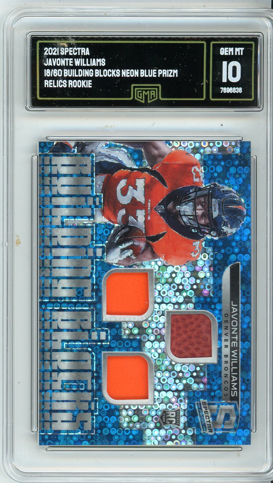 2021 Spectra Javonte Williams Graded Rookie Patch Card Building Blocks GMA 10 /80