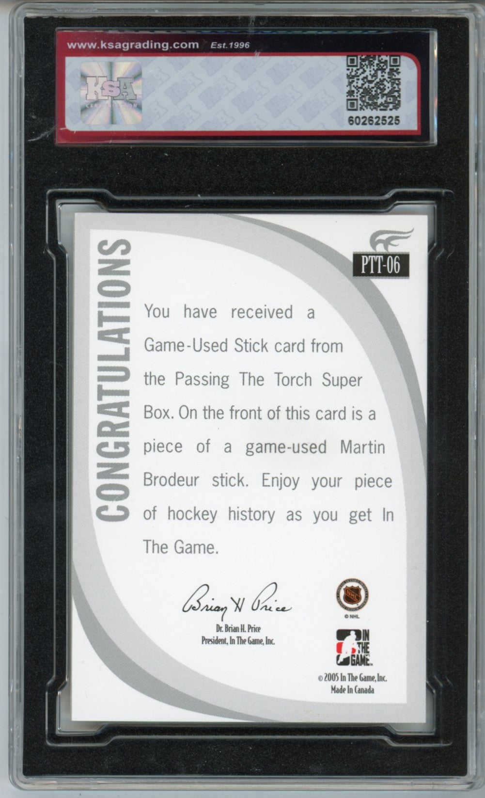 2005/06 In The Game Martin Brodeur Graded Hockey Card #PTT-06 KSA 8.5 Game Used Stick