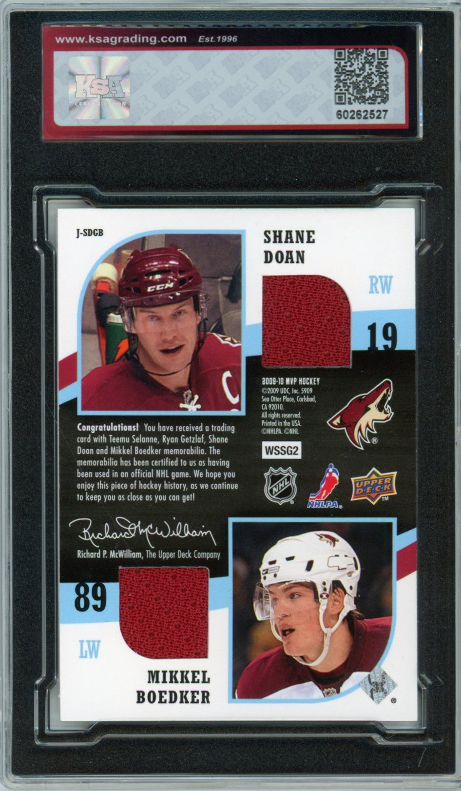 2009/10 UP MVP Selanne / Getzlaf Two on Two Jerseys Graded Jersey Card #J-SDBG KSA 8.5