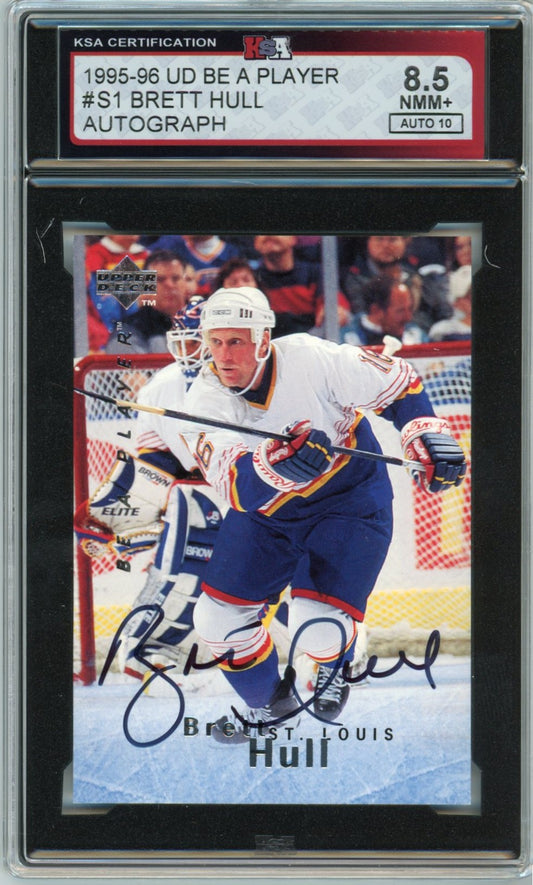 1995/96 UD Be a Player Brett Hull Graded Autograph Card #S1 KSA 8.5 AUTO 10