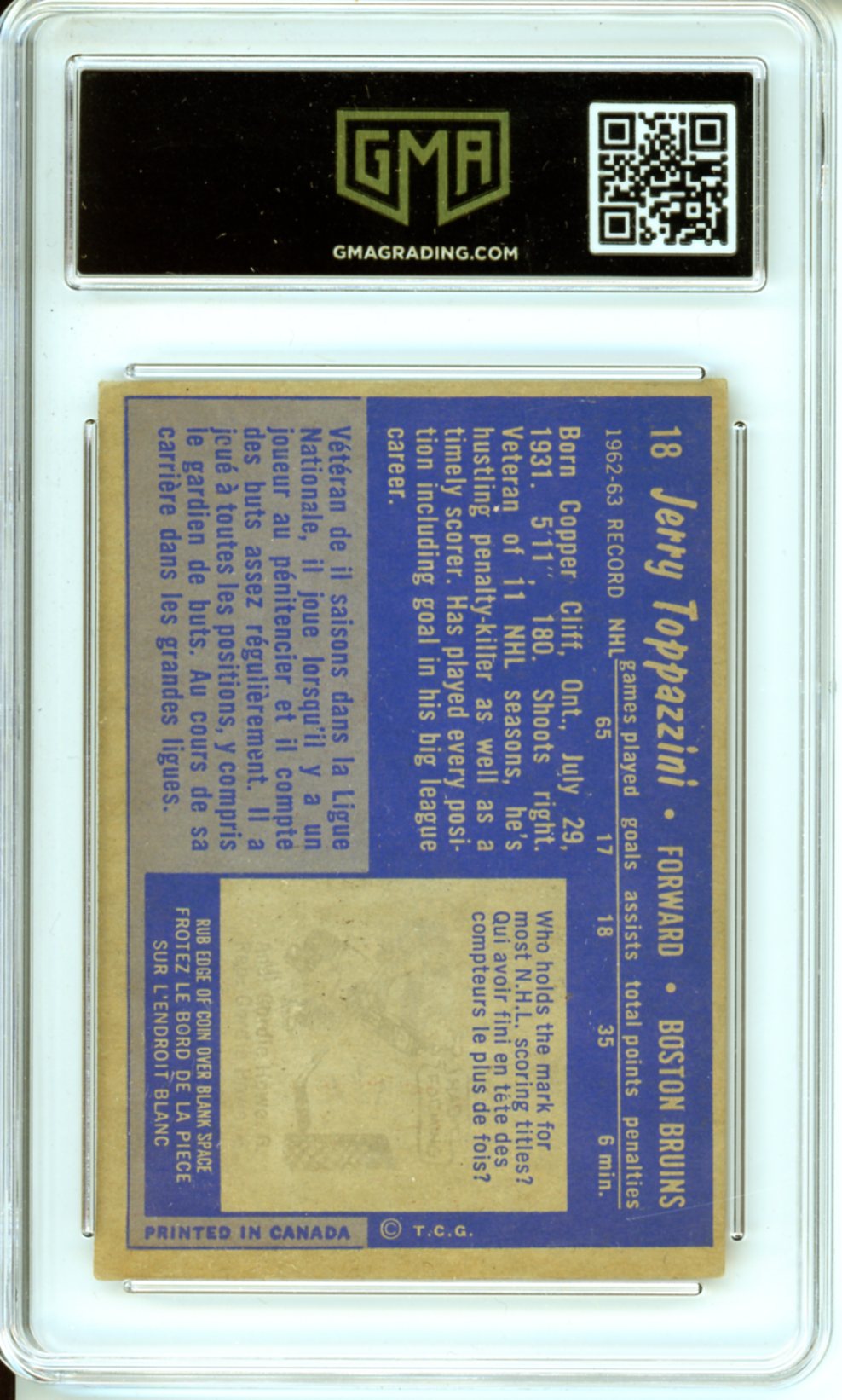 1963 Topps Jerry Toppazzini #18 Graded Hockey Card GMA 4.5