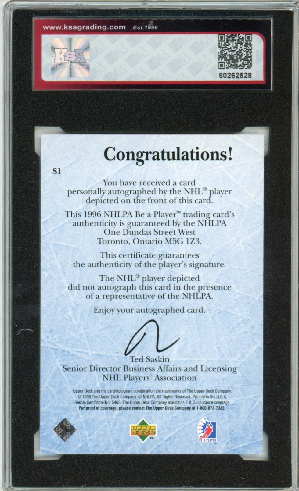 1995/96 UD Be a Player Brett Hull Graded Autograph Card #S1 KSA 8.5 AUTO 10