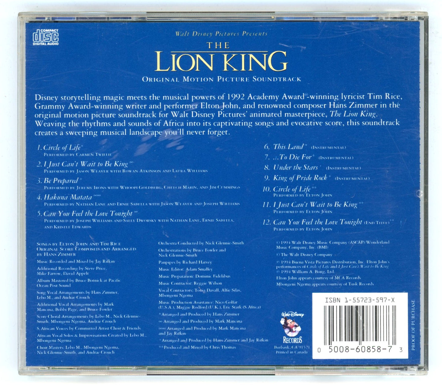 The Lion King (1994) Motion Picture Soundtrack Vintage CD