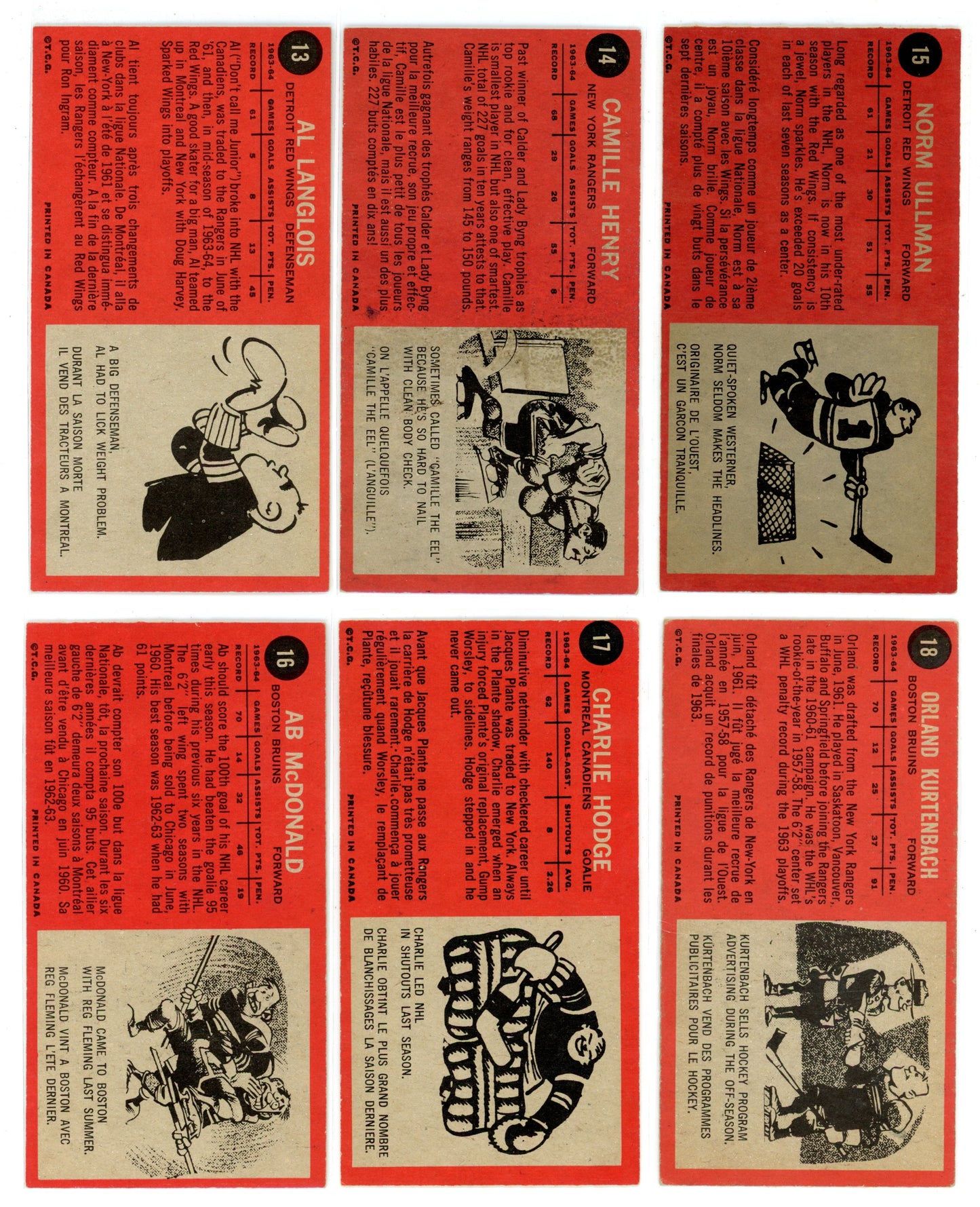 1964/65 Topps NHL Hockey "Tall Boys" Complete Set (110 Cards) VG/EX+ Condition
