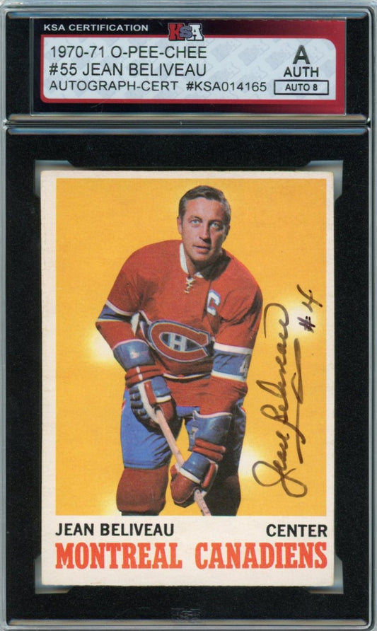 1970/71 OPC O-Pee-Chee Jean Beliveau Graded Autograph Card #55 KSA Authenticated AUTO 8