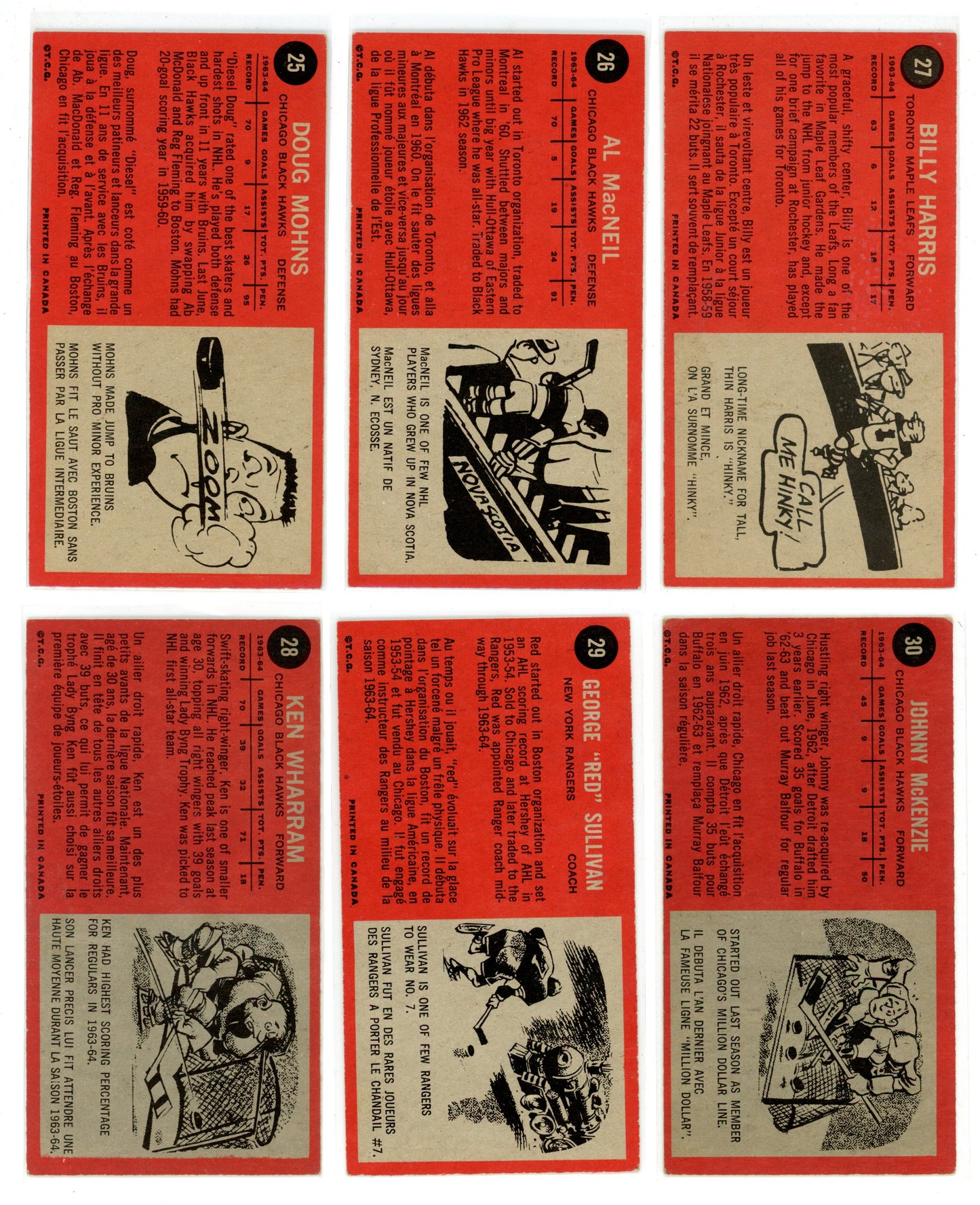 1964/65 Topps NHL Hockey "Tall Boys" Complete Set (110 Cards) VG/EX+ Condition