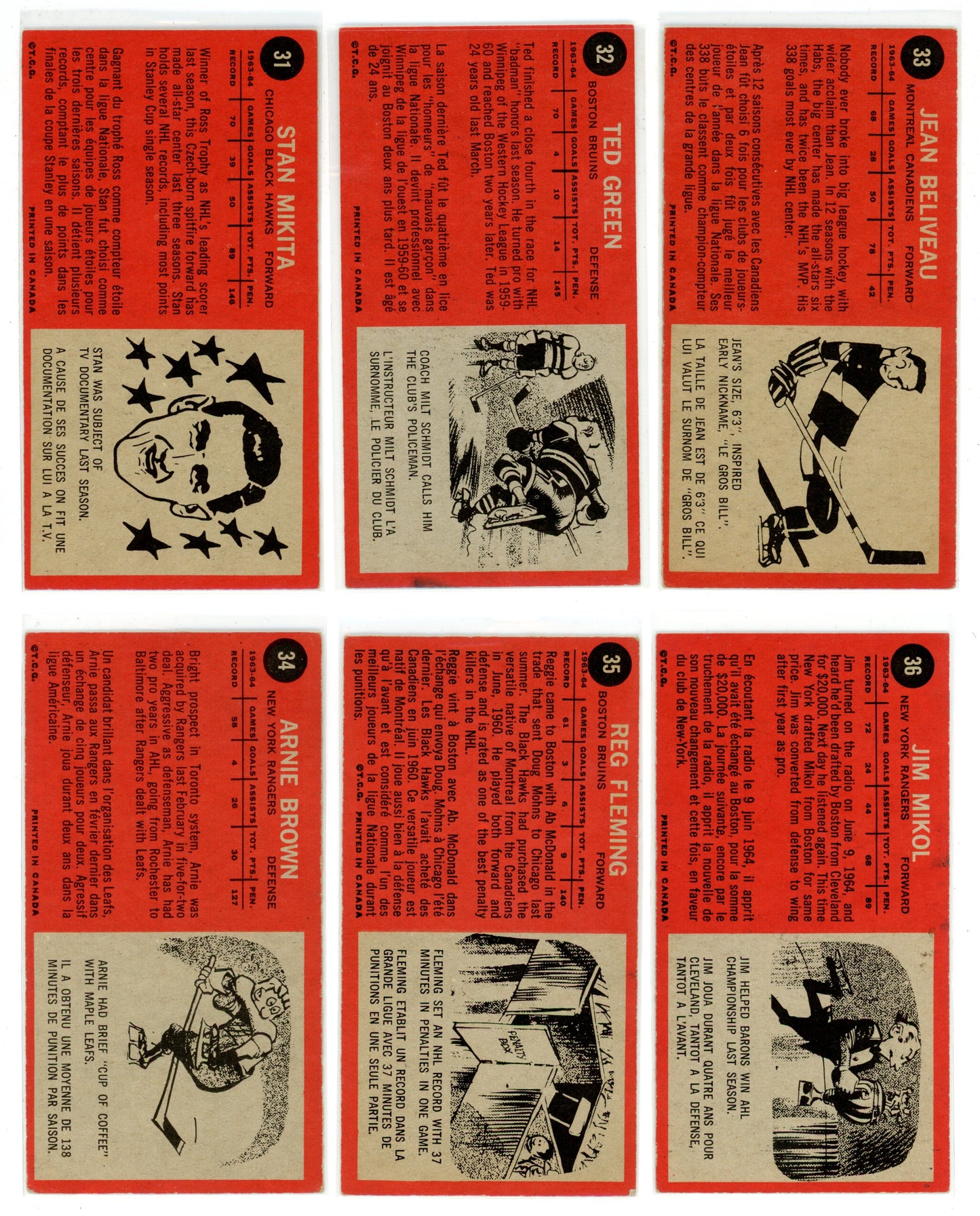 1964/65 Topps NHL Hockey "Tall Boys" Complete Set (110 Cards) VG/EX+ Condition