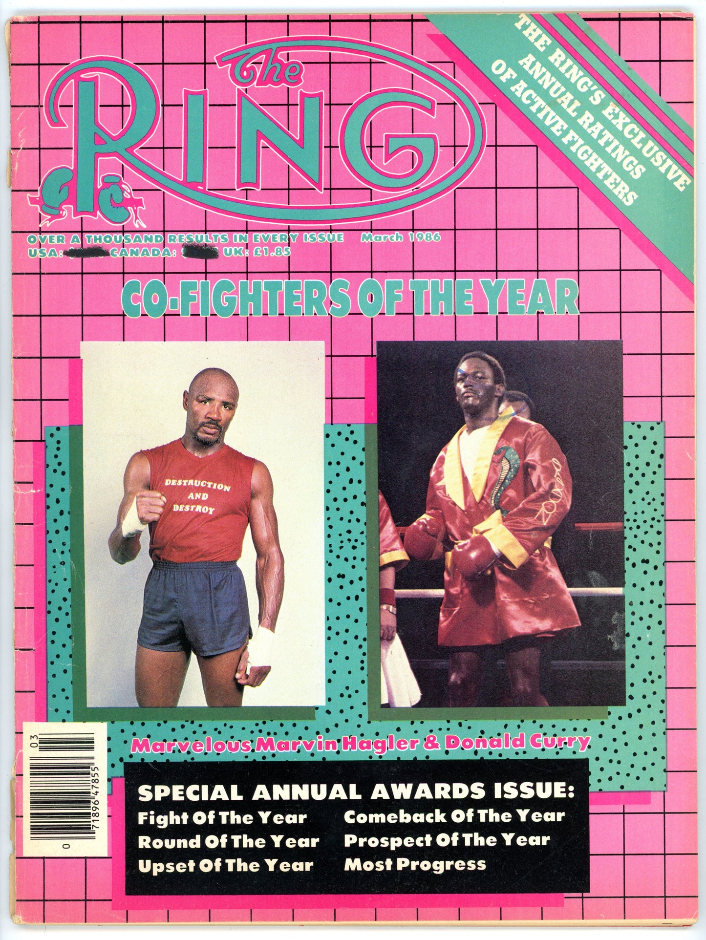The Ring Vintage Boxing Magazine (March 1986) Marvin Hagler Donald Curry Fighters of the Year