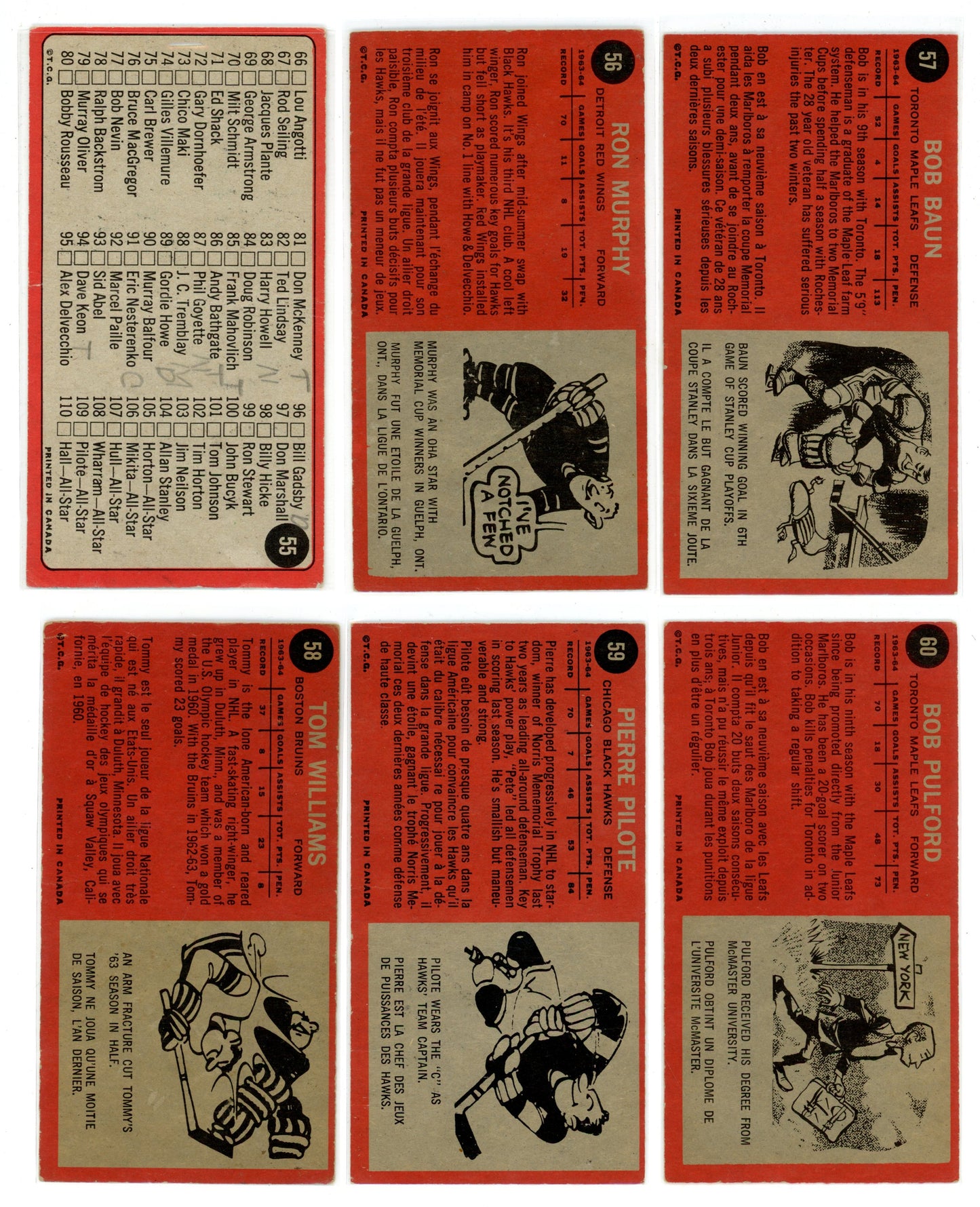 1964/65 Topps NHL Hockey "Tall Boys" Complete Set (110 Cards) VG/EX+ Condition
