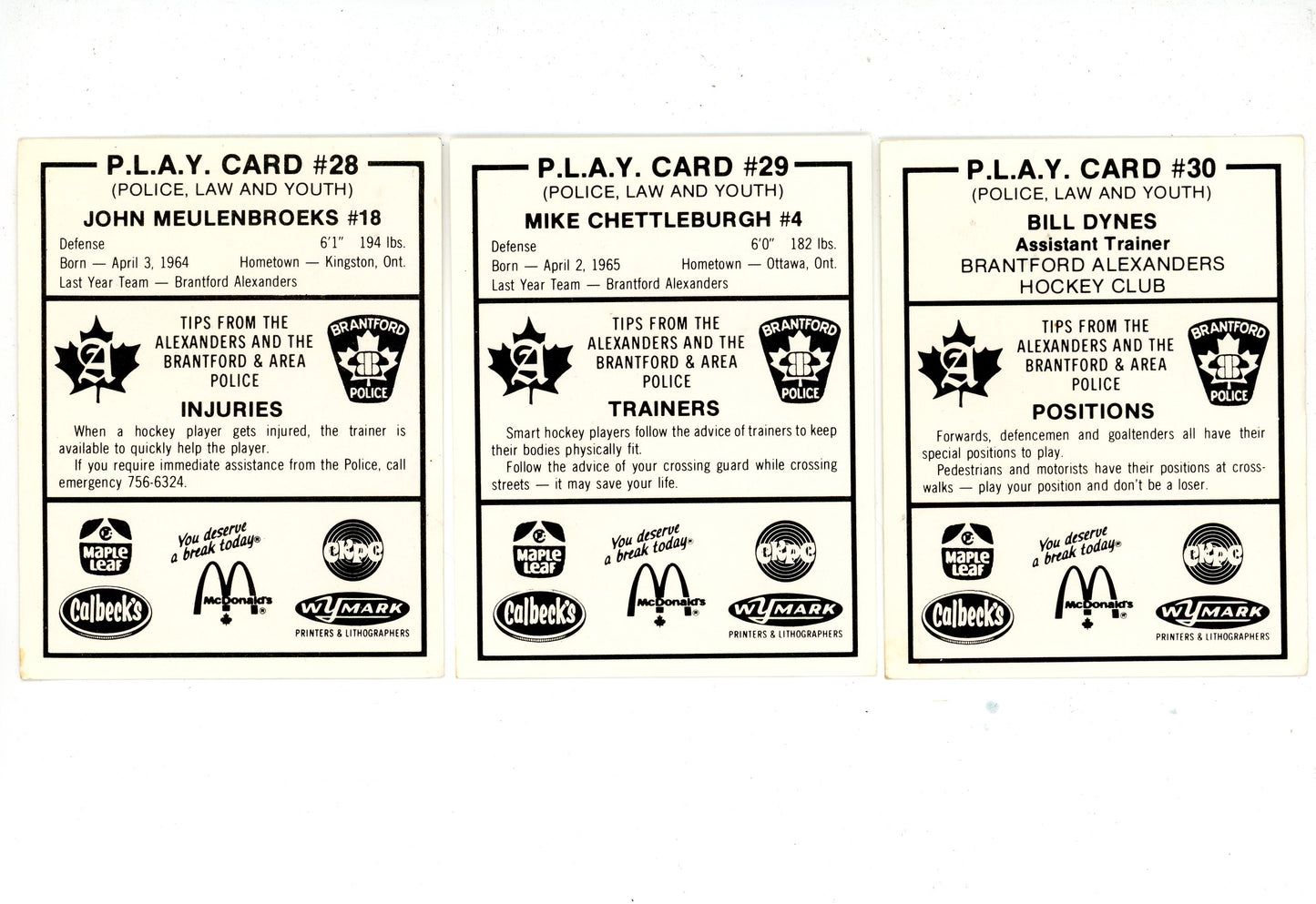 1983-84 OHL Brantford Alexanders P.L.A.Y. (Police, Law, and Youth) Hockey Complete Set (30 Cards)