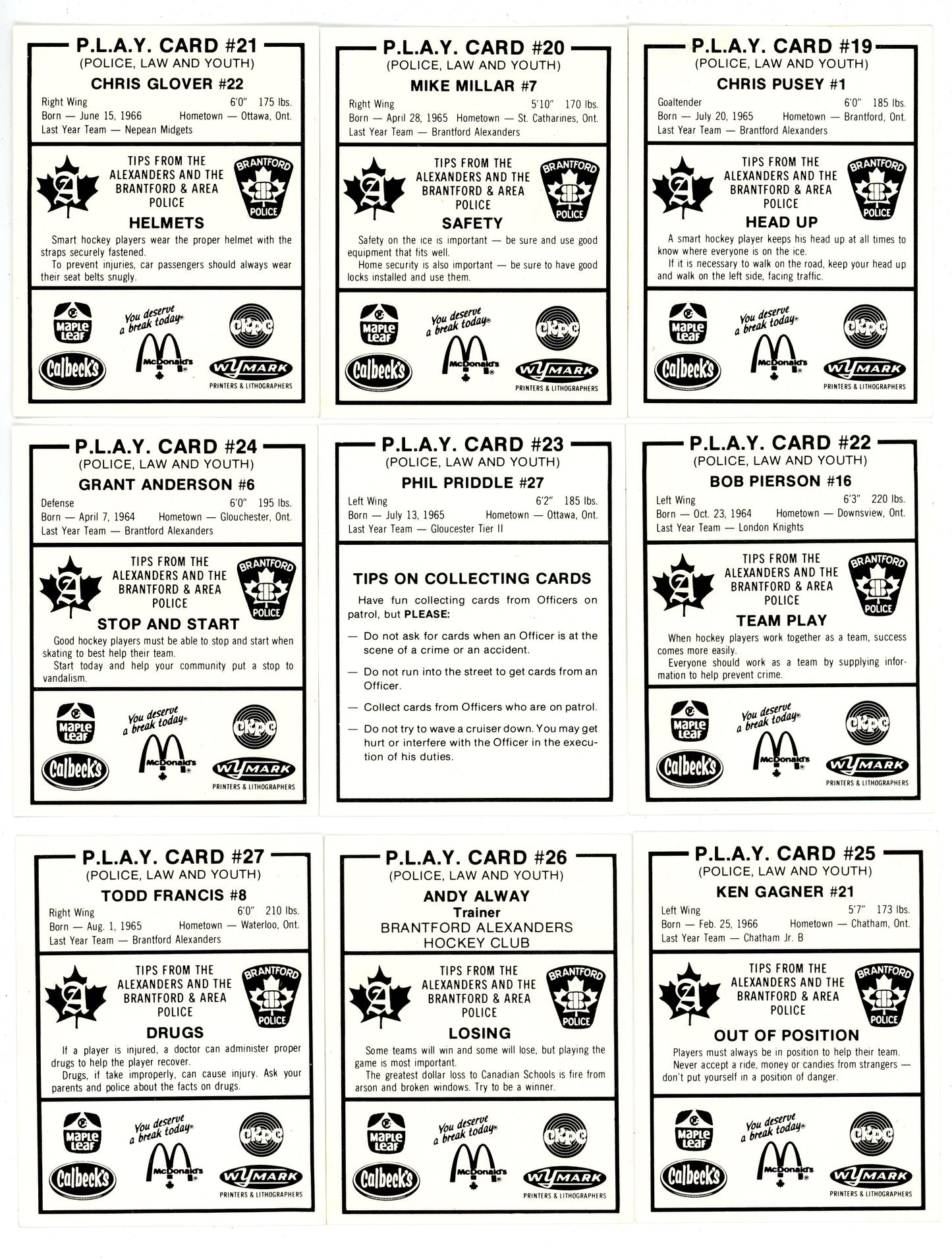 1983-84 OHL Brantford Alexanders P.L.A.Y. (Police, Law, and Youth) Hockey Complete Set (30 Cards)