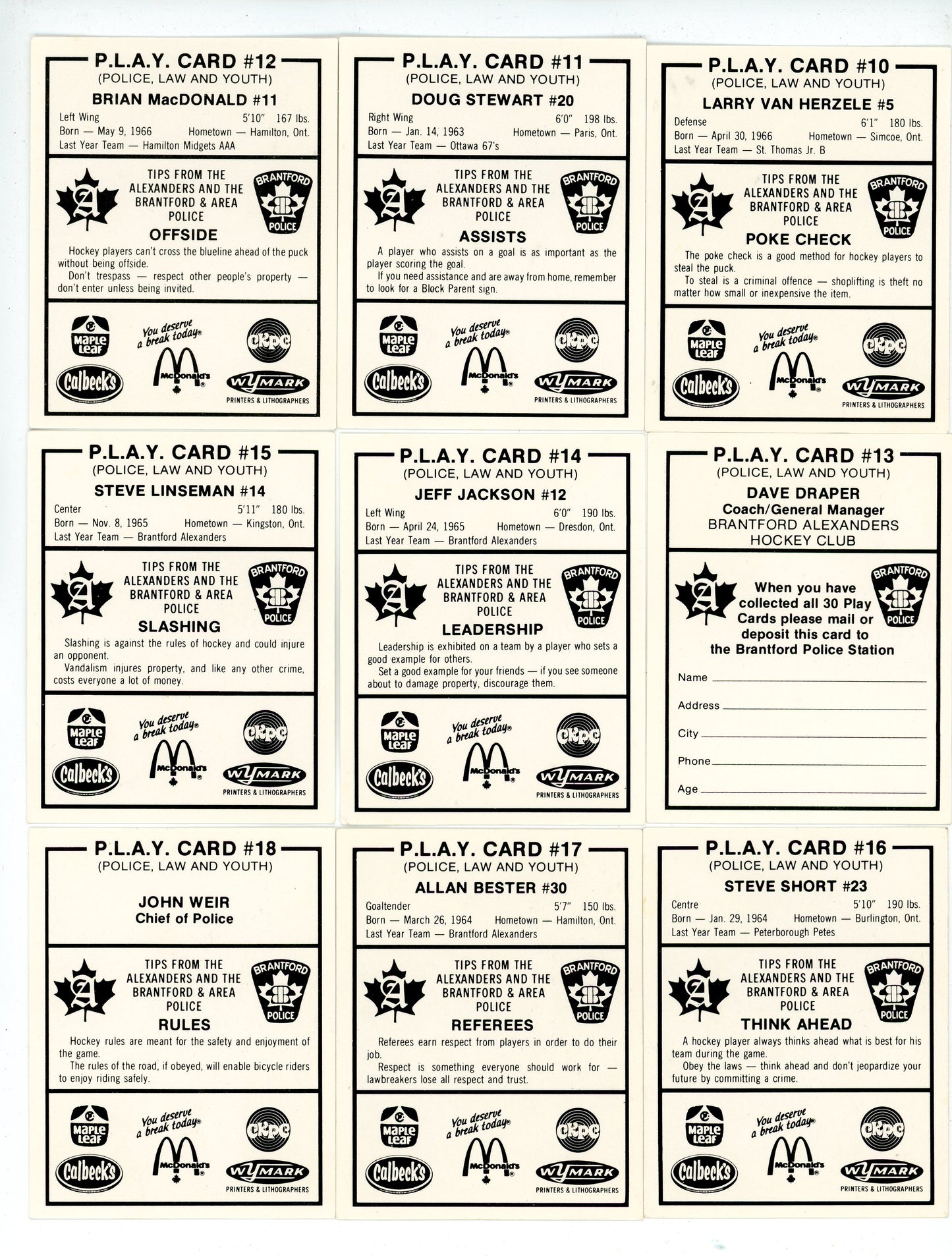 1983-84 OHL Brantford Alexanders P.L.A.Y. (Police, Law, and Youth) Hockey Complete Set (30 Cards)