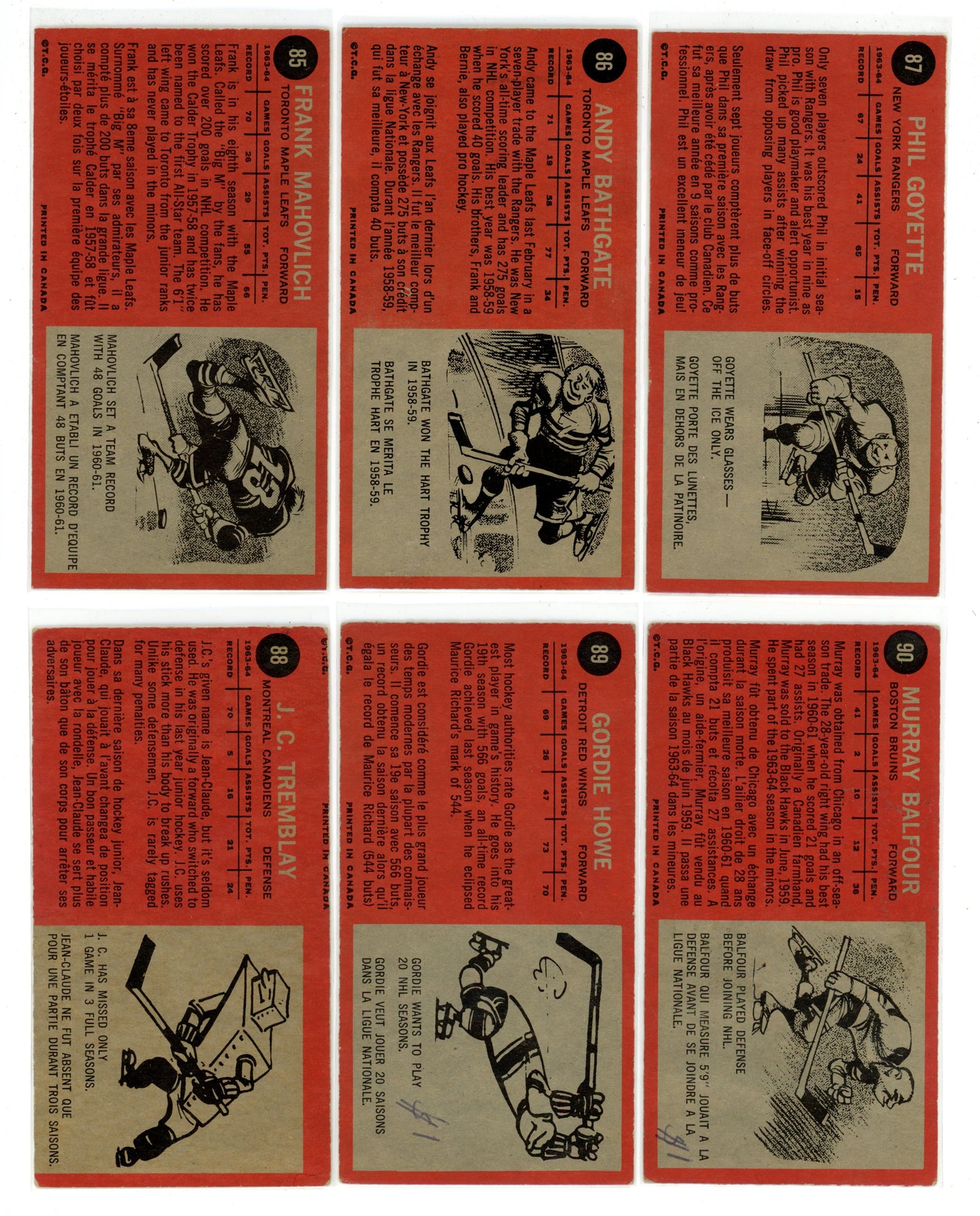1964/65 Topps NHL Hockey "Tall Boys" Complete Set (110 Cards) VG/EX+ Condition