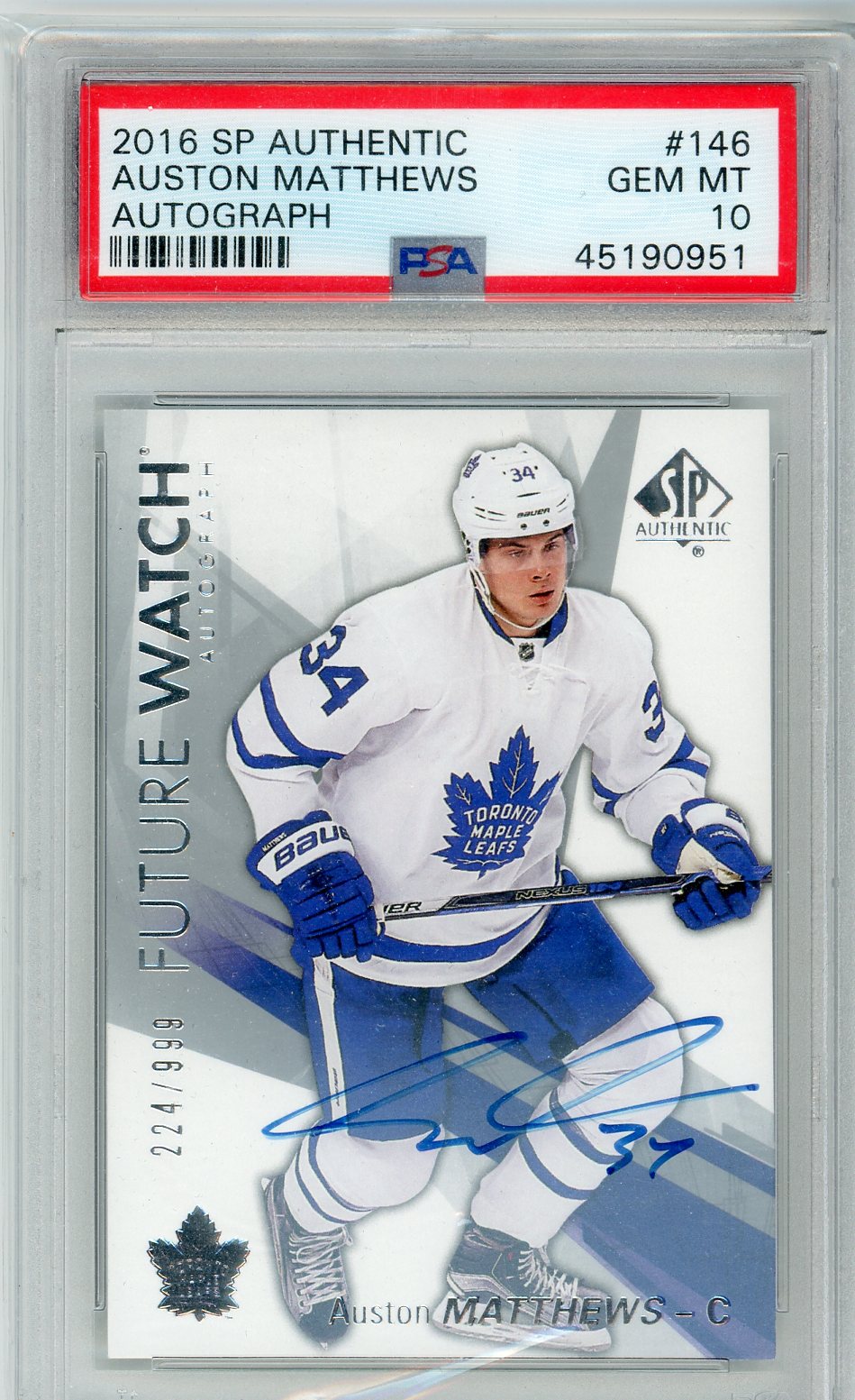 2016 SP Authentic Auston Matthews Future Watch Autograph Rookie Card PSA 10