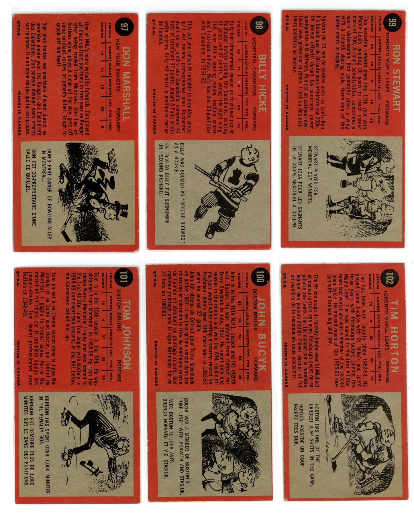 1964/65 Topps NHL Hockey "Tall Boys" Complete Set (110 Cards) VG/EX+ Condition