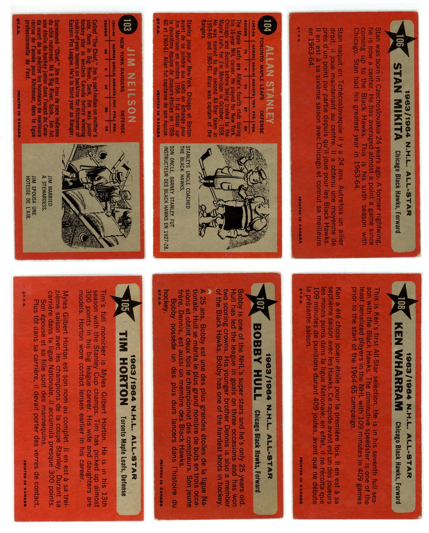 1964/65 Topps NHL Hockey "Tall Boys" Complete Set (110 Cards) VG/EX+ Condition