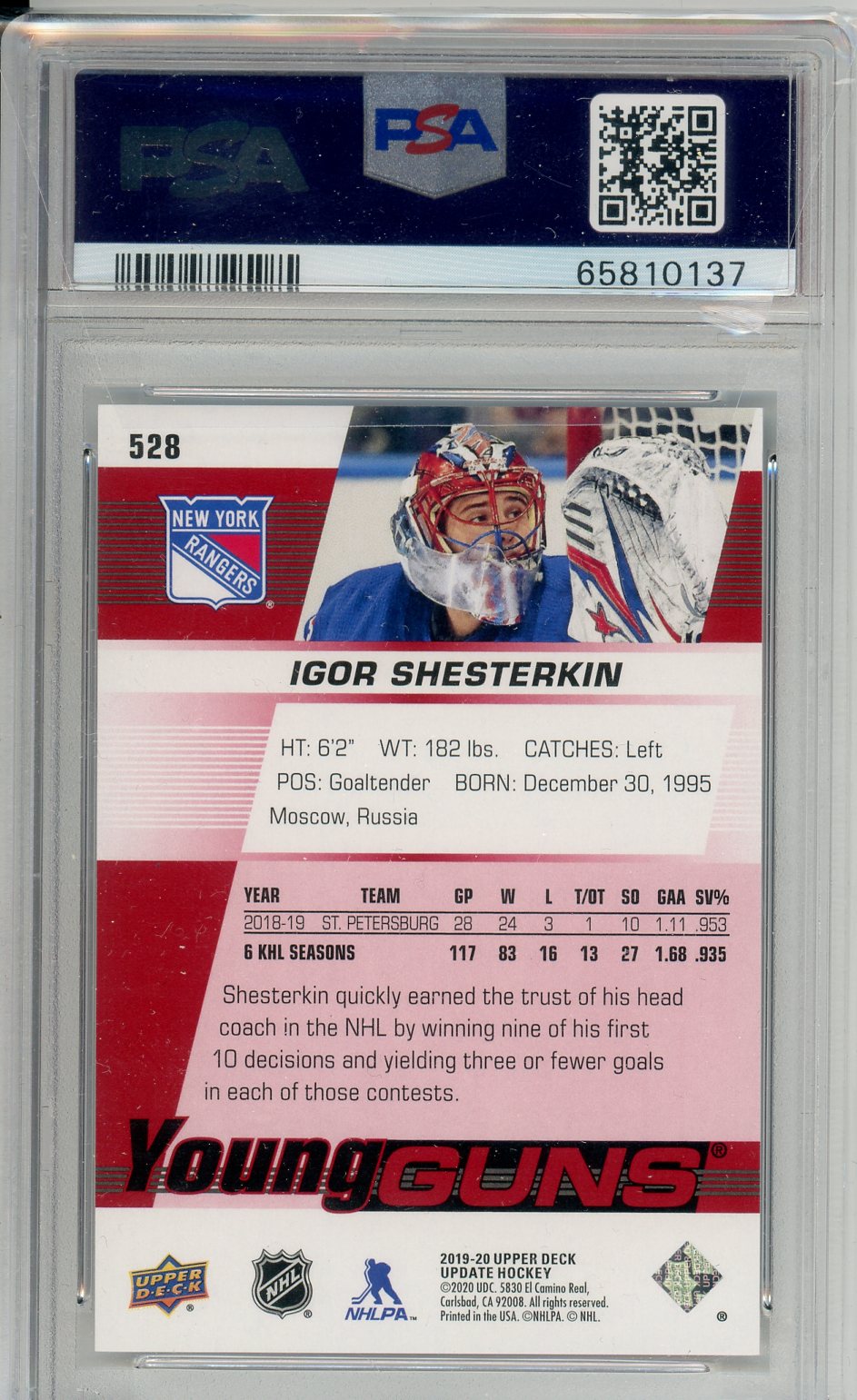 2019 Upper Deck Igor Shesterkin Young Guns Exclusives Rookie Card #528 /100 PSA 10