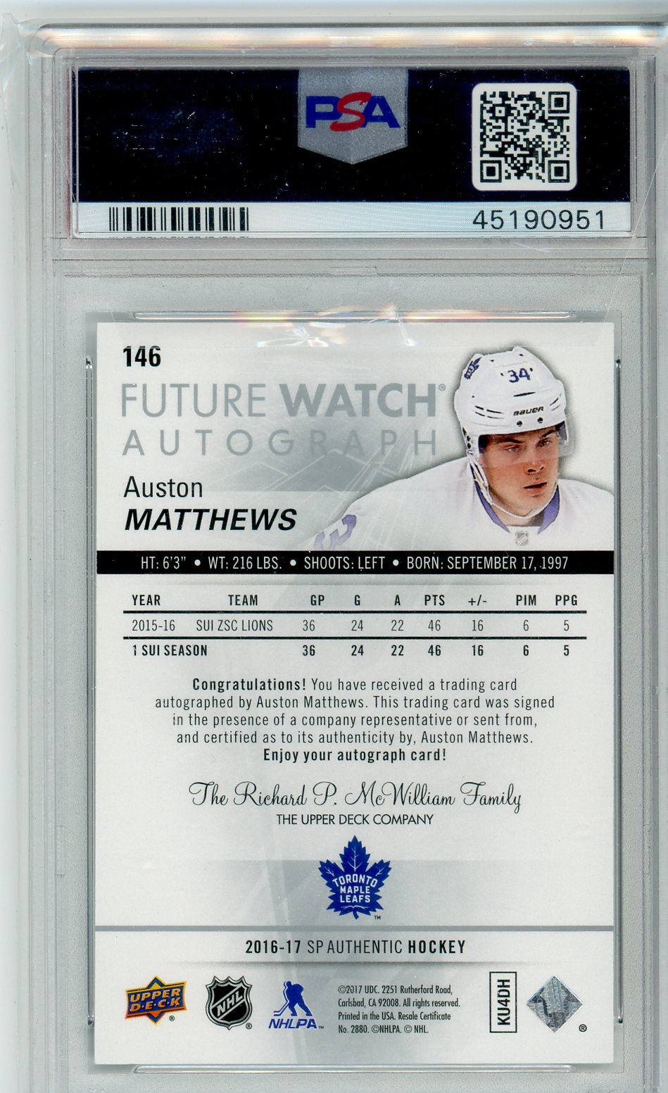 2016 SP Authentic Auston Matthews Future Watch Autograph Rookie Card PSA 10