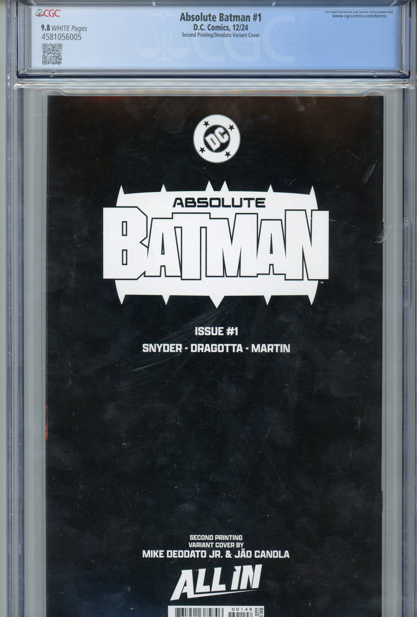 2024 DC Comics Absolute Batman #1 Graded Comic Book CGC 9.8 Deodato Variant Cover