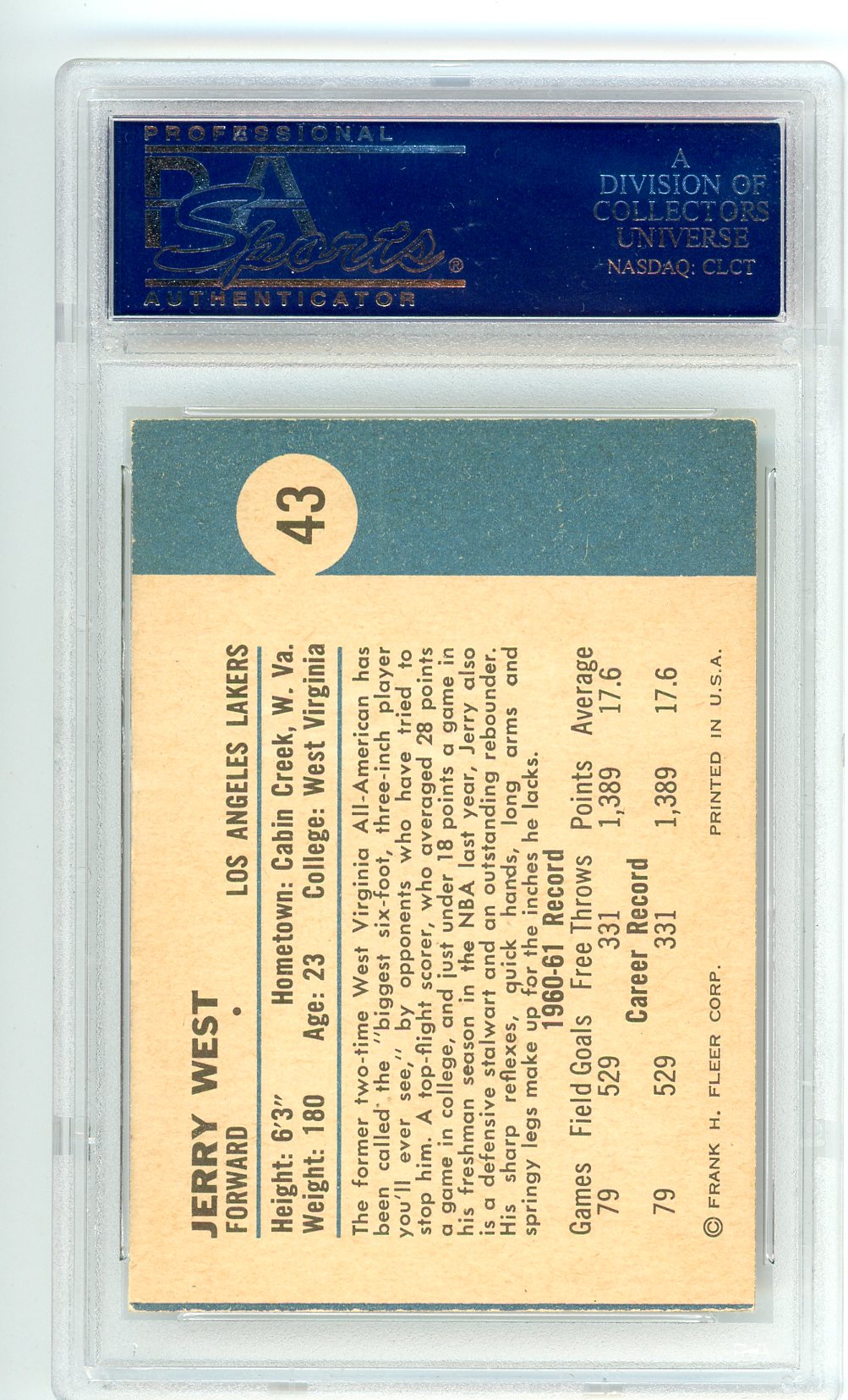 1961 Fleer Jerry West Graded Basketball Rookie Card #43 PSA 6