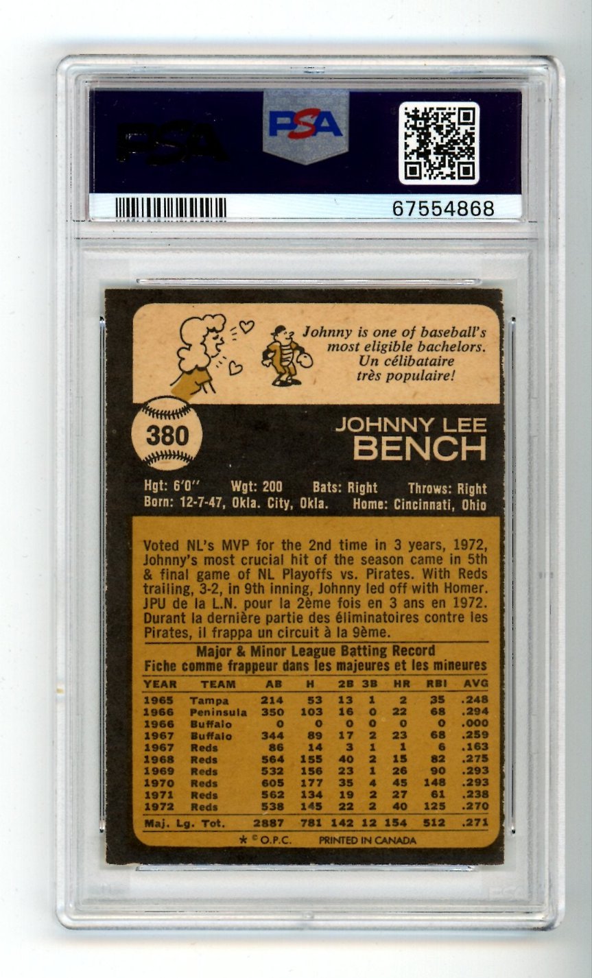 1973 OPC O-Pee-Chee Johnny Bench Baseball Card #380 PSA 6