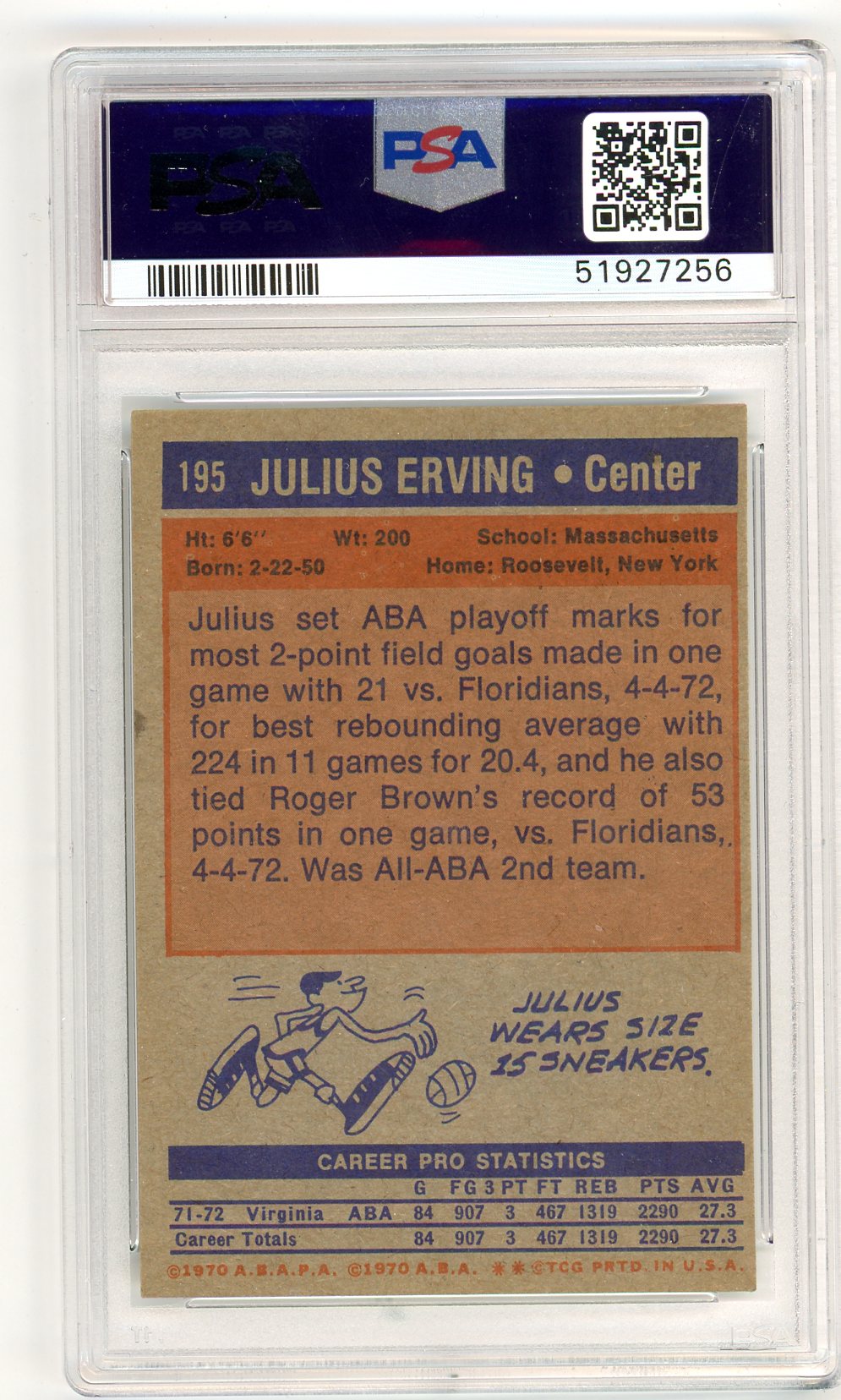 1972 Topps Julius Erving "Dr J" Graded Basketball Rookie Card #195 PSA 8