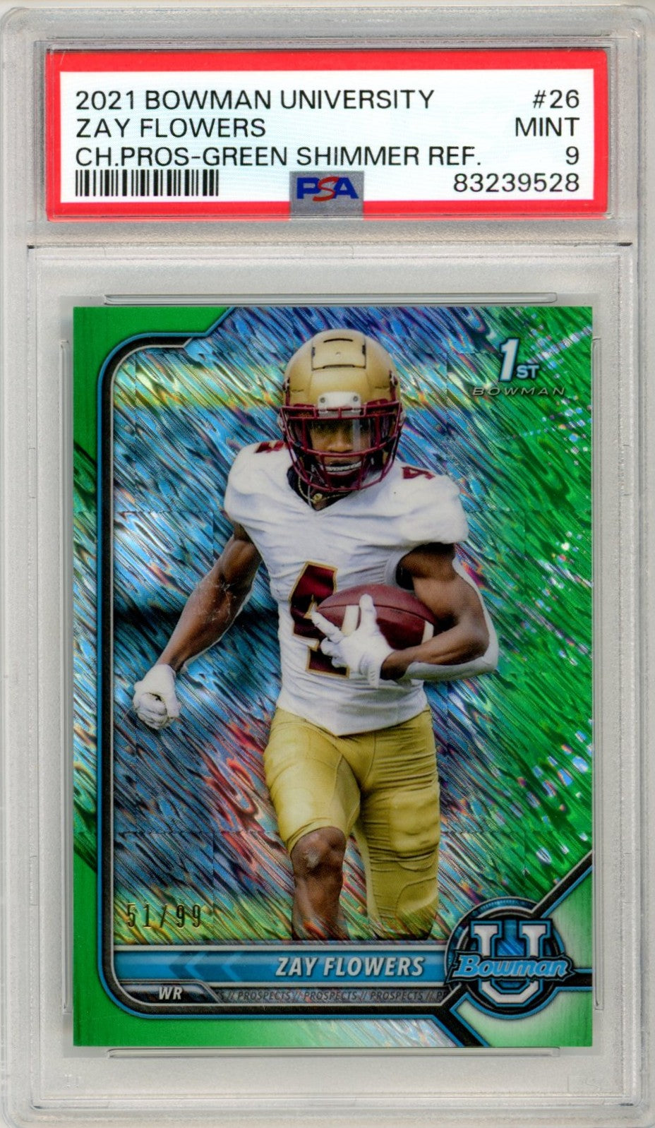 2021 Bowman University Zay Flowers Green Shimmer #26 Graded Rookie Card PSA 9