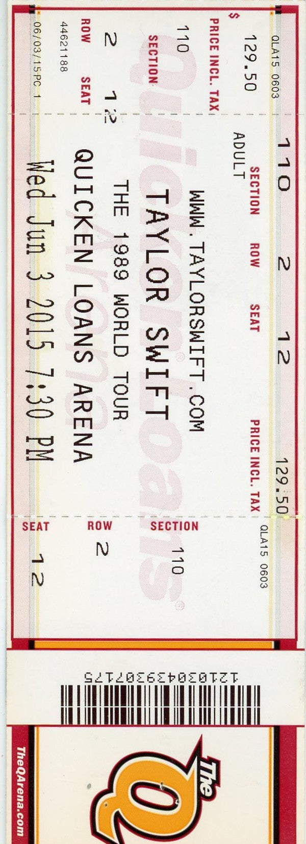 Taylor Swift 1989 World Tour Concert Ticket Stub Quicken Loans Arena (Cleveland, 2015)