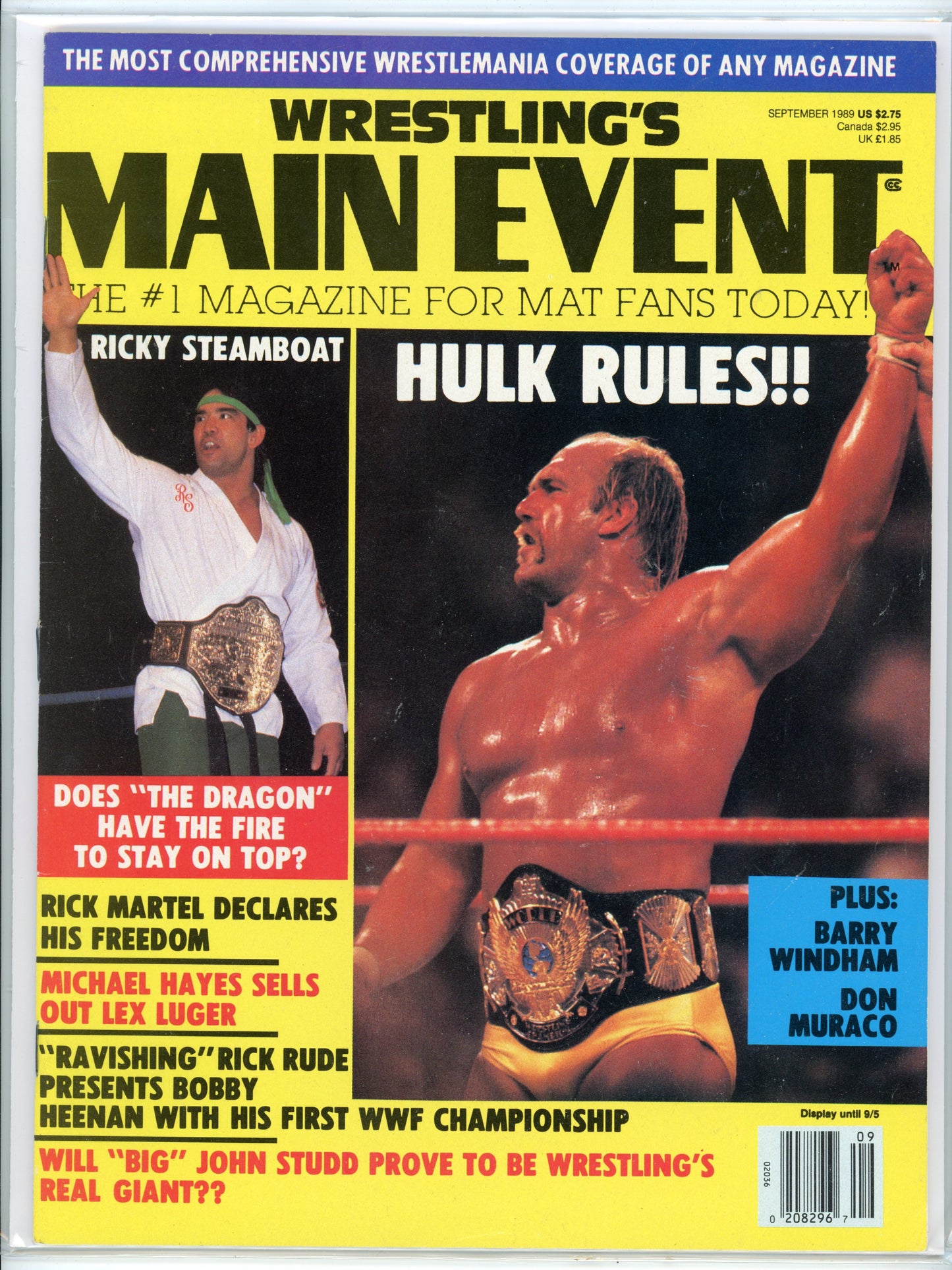 Wrestling's Main Event Vintage Magazine (September, 1989) Ricky Steamboat, Hulk Hogan