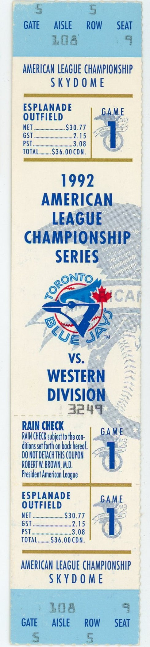 Blue Jays American League Championship Game 1 Vintage Full Ticket Skydome (Toronto, 1992)