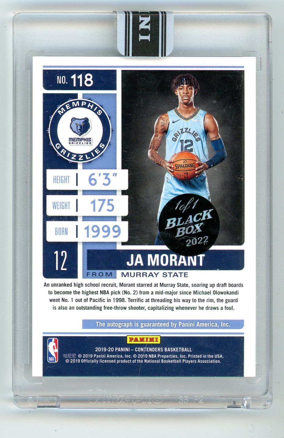 2019/20 Panini Contenders Ja Morant Autograph Rookie Card 1/1 Black Box Buyback