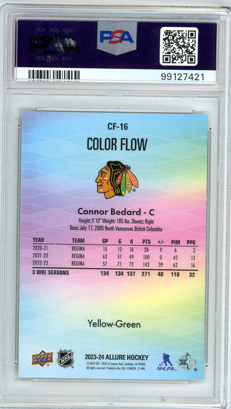 2023 Upper Deck Allure Connor Bedard Graded Rookie Card #CF16 PSA 10 POP 81