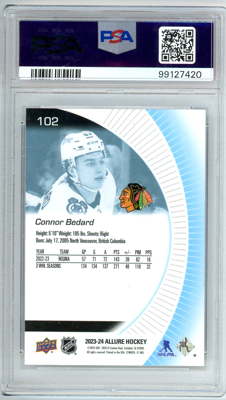 2023 Upper Deck Allure Connor Bedard Graded Rookie Card #102 PSA 10