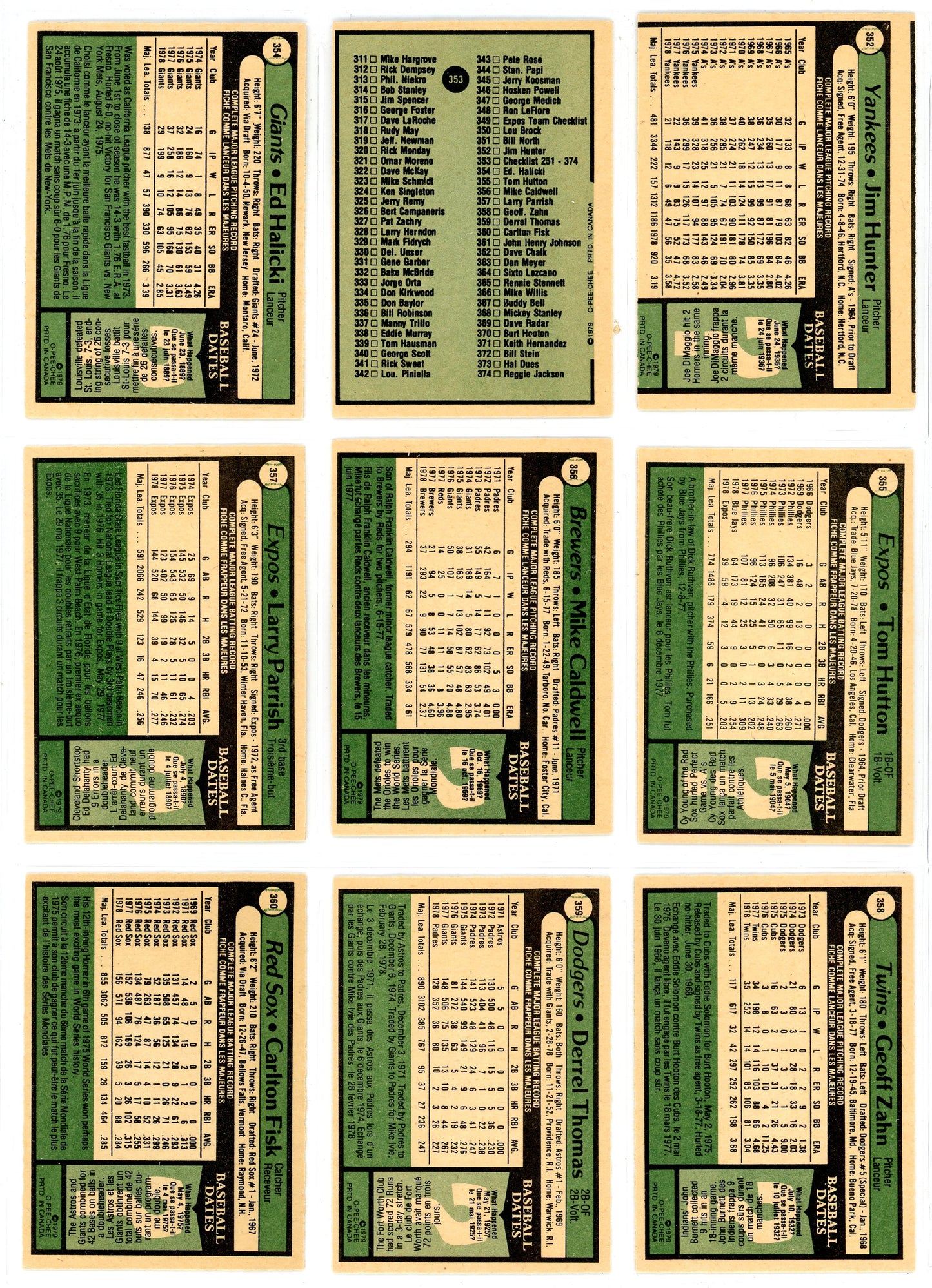 1979 O-Pee-Chee Baseball Complete Set (374 Cards) Excellent Shape