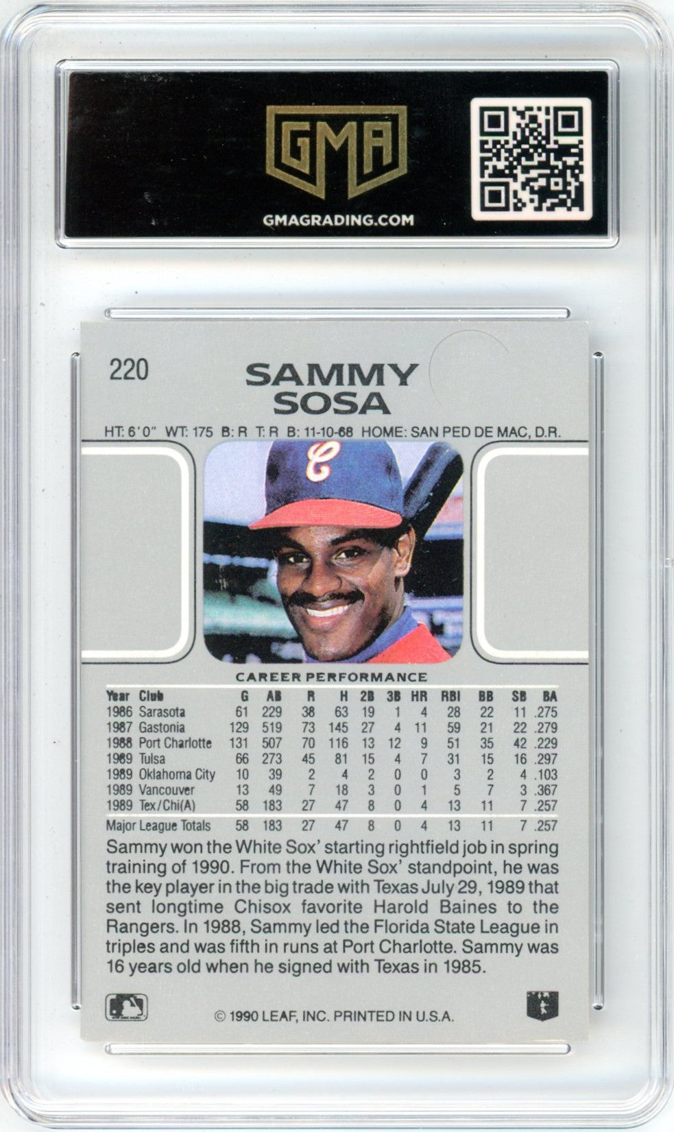1990 Leaf Sammy Sosa #220 Graded Rookie Card GMA 8.5