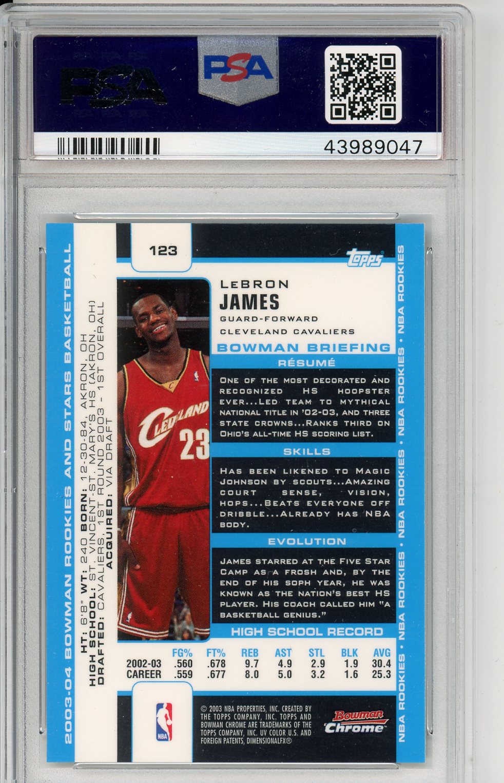 2003 Bowman R & S LeBron James Chrome #123 Graded Basketball Card PSA 9